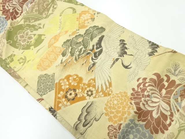 アンティーク　翔鶴に和楽器模様織出し名古屋帯（296センチ）